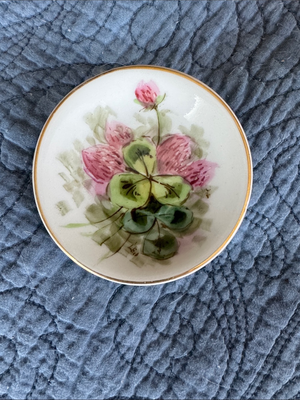 Hand-Painted Floral Porcelain Butter Pat Dish - Pink & Green